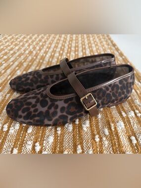 Camila Coelho Brown Leopard Print Mary Jane Flats with Gold Buckle